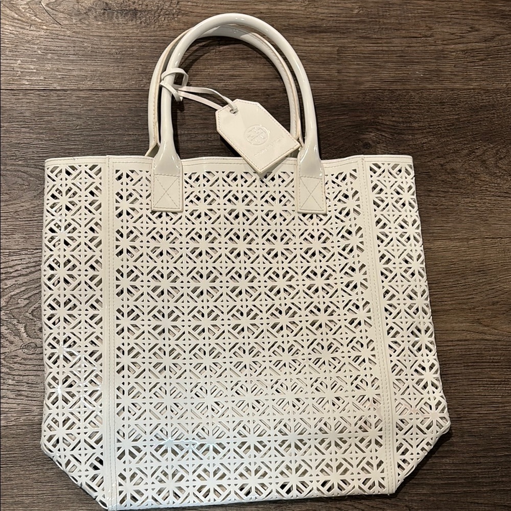 White Tory Burch Perforated Tote Bag